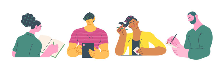 Writing people, modern flat vector concept illustrations set people writing on paper or device. Metaphor for reflection, insight, contemplation, creative expression