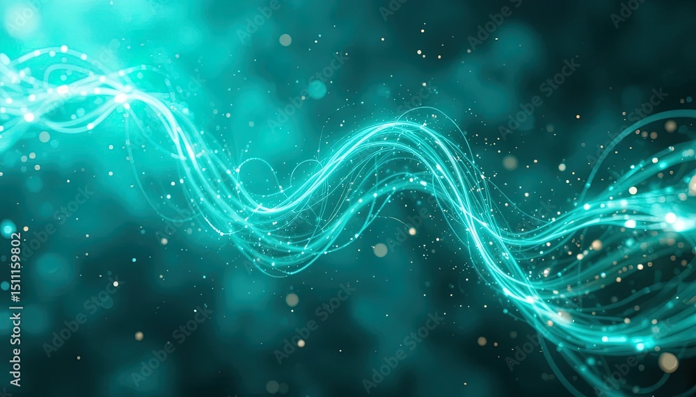 Poster turquoise abstract design with swirling lines and glowing particles.