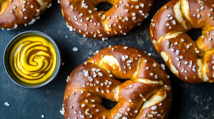 Soft pretzels with salt flakes placed on dark background with dipping mustard iconic USA stadium snack overlay cut out on isolated transparent removed background