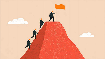 a business team climbing a mountain together with one member holding a flag on top symbol of leadership teamwork and achieving common goals playful business