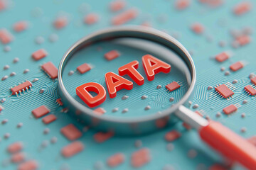 A closeup of a circuit board with a single magnifying glass revealing the word DATA Simplified color palette in blue and red tones Minimalistic tech inspect