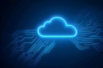 Futuristic vector illustration of cloud computing on a glowing blue circuit board background digital cloud icon connected to circuit lines representing data