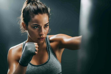fit and stunning woman in workout gear preparing to punch a heavy bag toned arms and determined stance stylish gym environment energy and empowerment captur
