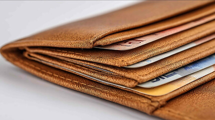 A closeup of a wallet with crisp bills inside soft focus background left side blank for promotional message professional mood with White background