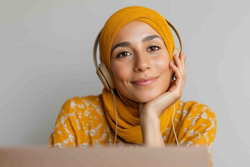 Smiling Muslim woman in headphones working on laptop