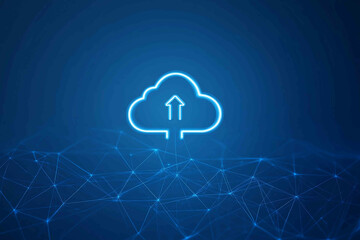 Simple cloud icon with up and down arrows hovering above a geometric network grid blue tech background concept of cloud infrastructure data exchange and int
