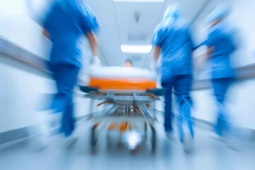 healthcare team rushing a hospital bed through corridor for emergency surgery or medical crisis motion blur on stretcher wheels and nurse shoes professional