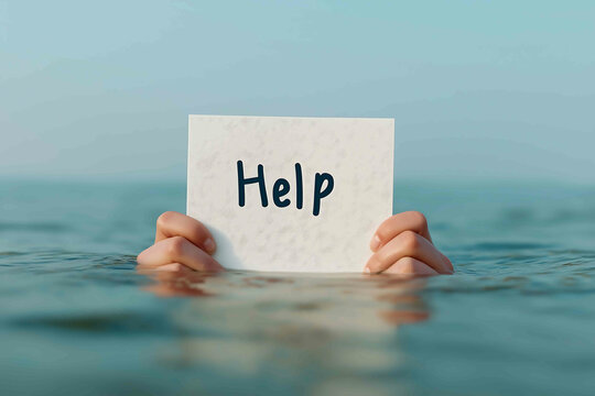 Businessman drowning in the sea with a hand holding a sheet of paper with help written