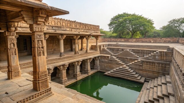 Ancient Stepwell in India with Intricate Carvings and Green Water