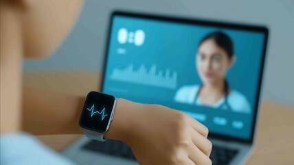 a patient using a smartwatch and laptop during an online medical consultation digital doctor video call with health data overlay modern telemedicine concept