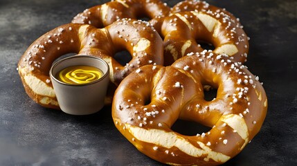 Soft pretzels with salt flakes placed on dark background with dipping mustard iconic USA stadium snack overlay cut out on isolated transparent removed background
