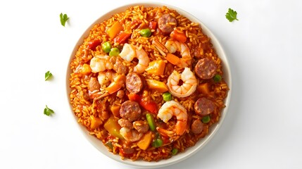 Spicy jambalaya rice with shrimp sausage and vegetables top down image on white background American Cajun cuisine overlay cut out on isolated transparent removed background