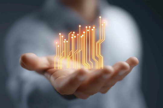 Closeup of businessmans hands presenting a glowing holographic financial bar chart with data points and circuit lines concept of futuristic financial techno