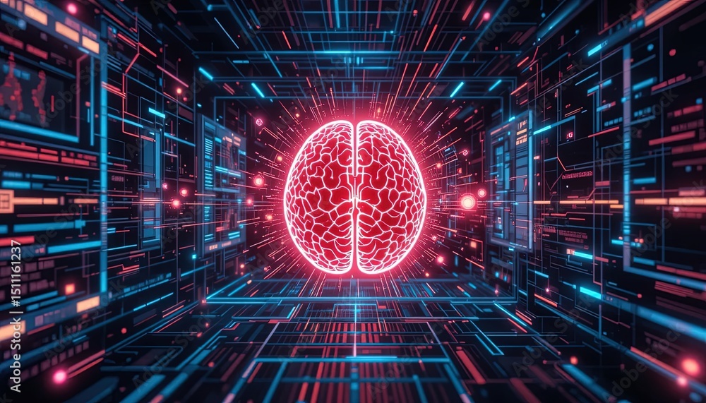 Poster a glowing brain graphic within a digital circuit tunnel.