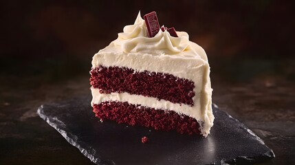 Red velvet cake slice with cream cheese frosting served in regular view on dark background iconic USA dessert overlay cut out on isolated transparent removed background
