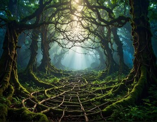 Mystical forest path bathed in light