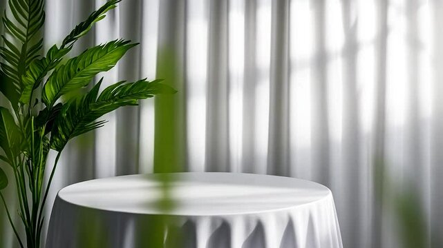 Elegant Minimalist Product Display: White Table, Green Plant, and Sheer Curtains