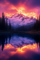 Fototapeta premium Majestic Mountain Sunset: A breathtaking mountain landscape under a vibrant sunset, where the peaks are kissed by a fiery sky, and mirrored in the tranquil lake below.