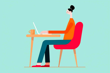 This flat vector illustration captures the essence of remote work It depicts a person seated at a desk working diligently on a laptop