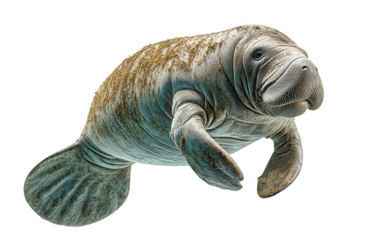 PNG Close-up of gentle manatee swimming underwater against a black background