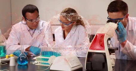 Lab scientist pipetting test tube after molecular network graphic appearing to observe reaction - Powered by Adobe
