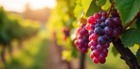 Fototapeta premium Sunlight streams through vineyard leaves onto ripe, plump grapes hanging heavy on the vine, ready for harvest A picturesque autumn scene of abundant bounty , purple, landscape