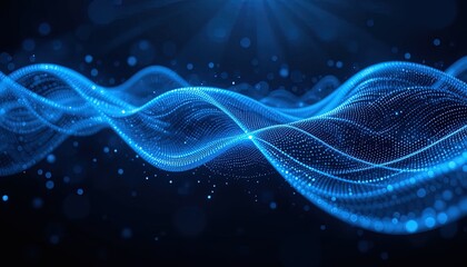 Abstract wavy lines of glowing blue dots on a dark background.
