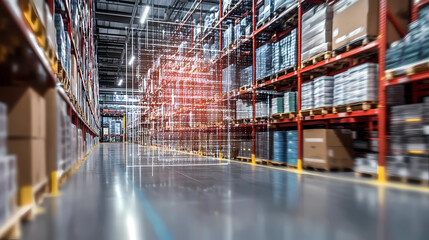 A holographic projection of a supply chain network diagram in a logistics center, business, dynamic and dramatic compositions, with copy space Generative AI	
