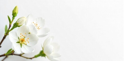 Obraz premium Delicate white blossoms on a pure white background, symbolizing springtime freshness and new beginnings Perfect for spring themes, Easter, wedding invitations, and more , spring, invitation, easter