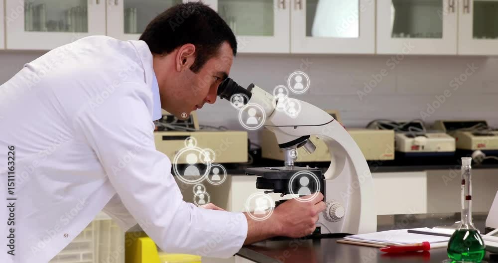 Poster lab scientist placing slide initiating animated avatars forming around microscope while analyzing
