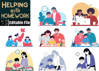Fototapeta premium Parents Helping Kids with Homework | Family Study Time Illustrations | Editable Vector Graphics for Education & Learning Projects