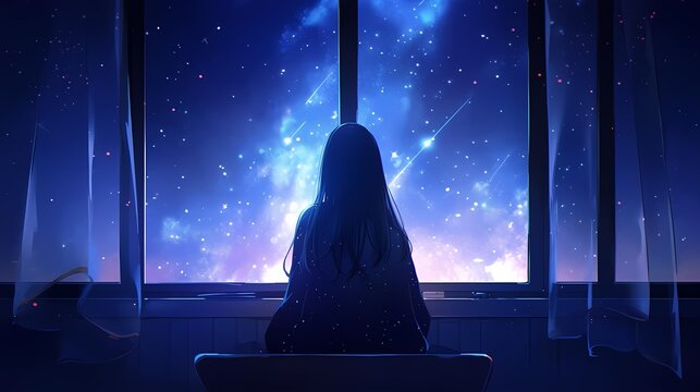 A young girl sits at a desk, lost in thought as she gazes out the window at the starry night sky, a shooting star streaking across the canvas of deep blues and purples.