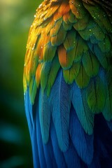 Macaw's Colorful Embrace: A detailed macro photograph reveals the stunning close-up of a macaw's vibrant plumage, showcasing the intricate textures and radiant hues of nature's artistry.