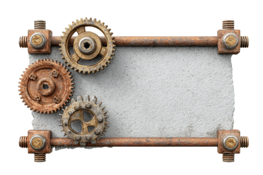 PNG Rustic gear frame with industrial metal cogs and rusty screws on concrete background
