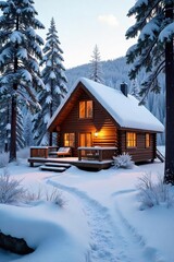 A cozy cabin nestled in a snowy winter landscape, perfect for a relaxing retreat Large windows offer stunning views of frosted trees and a blanket of snow , cabin, windows