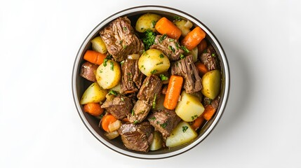 Tender pot roast with vegetables like carrots and potatoes arranged in bowl from overhead on white background USA overlay cut out on isolated transparent removed background