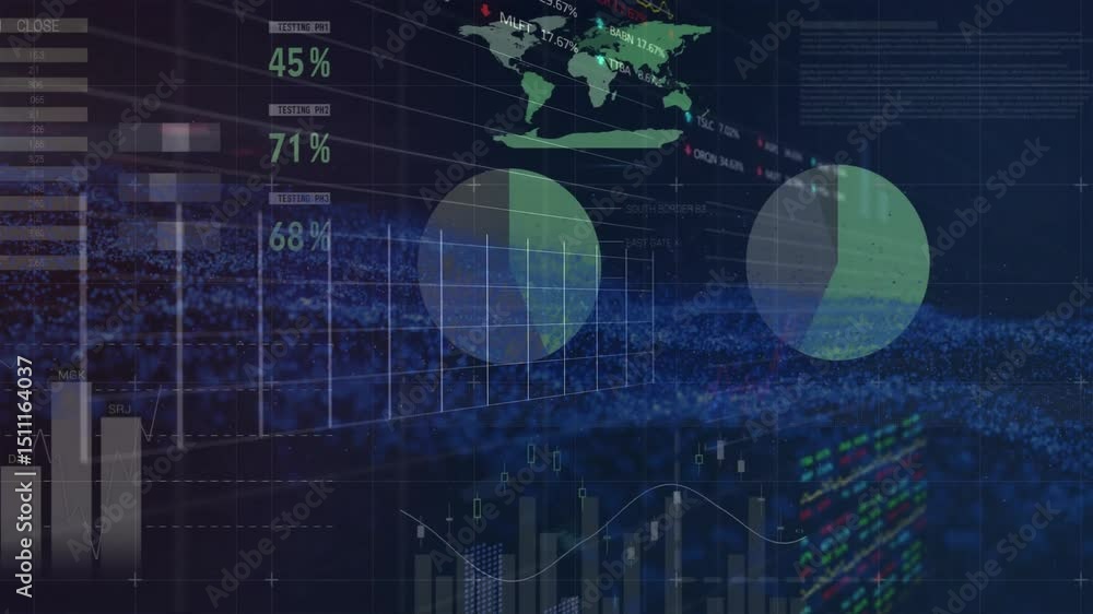 Poster on startup holographic interface animating charts and updating data showing live financial trends