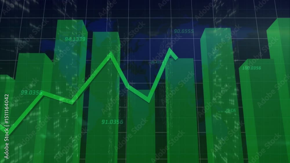 Poster green line starting on left bar and tracing rises dips across fixed columns illustrating data trend