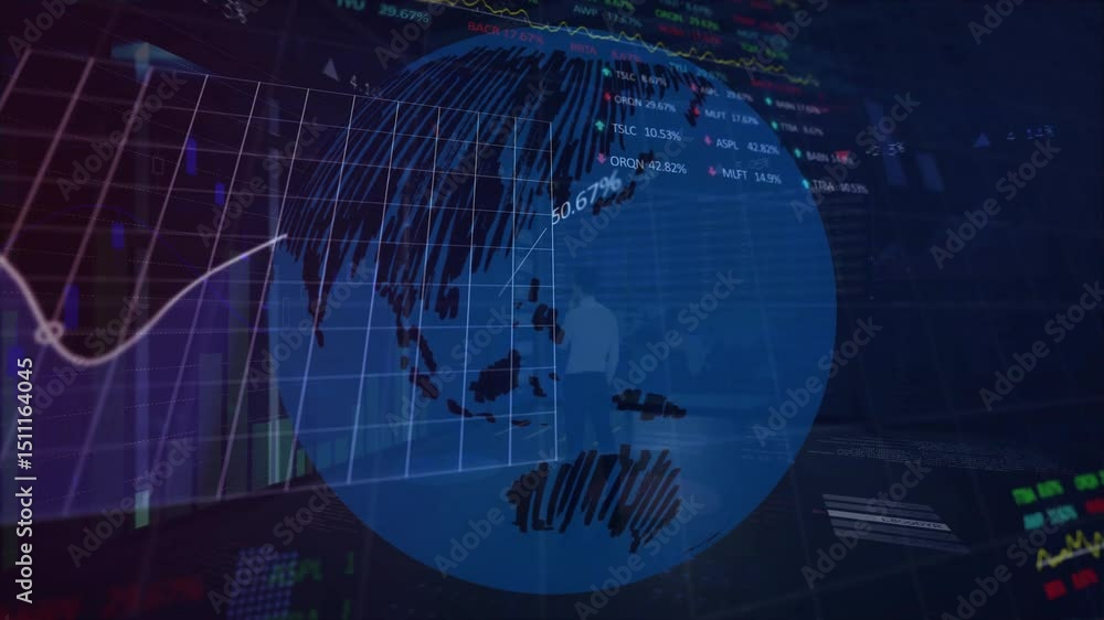 Poster finance dashboard initiating globe rotation and rising grid plane while data labels animating