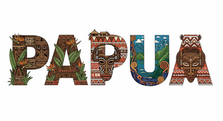 Naklejka premium Papua Graphic Text Art Design With Traditional Motifs