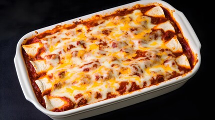 Tex Mex enchiladas covered in cheese and sauce served in casserole dish on black background spicy American fusion food overlay cut out on isolated transparent removed background