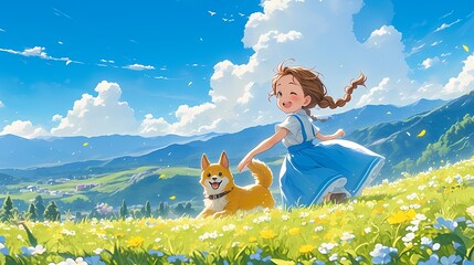Anime illustration of a joyful young girl running in a green field with dog, flowers, mountains, sunny sky.