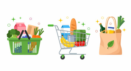 Fresh groceries in basket cart and bag illustration vector