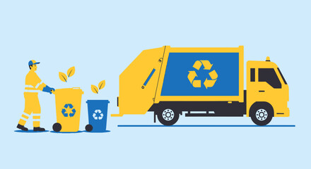 Naklejka premium Garbage Man Collecting Recycle Bins with Truck and Leaves