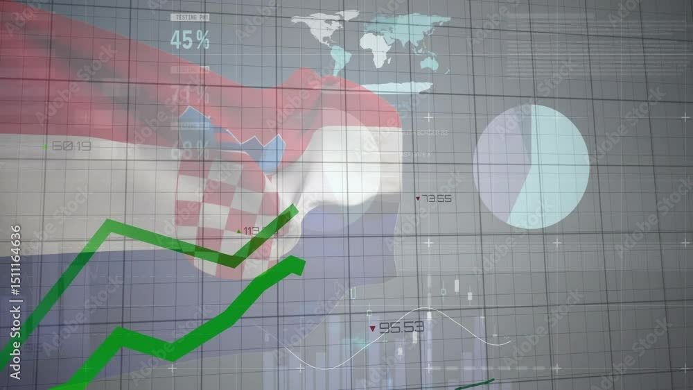 Poster Wind effect initiating 3D-rendered Croatian flag fluttering and animating line charts for analytics