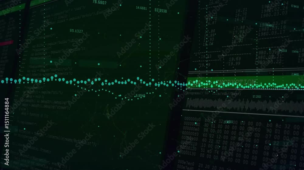 Poster data stream starting grid descent, pulsing points forming histogram with code scrolling in analysis