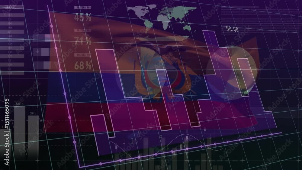 Poster grid tilting causing ecuador flag waving with charts forming and line ascending visualizing data
