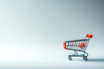 Miniature shopping cart against a plain backdrop.