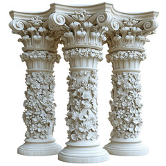 Naklejka premium Elegant Corinthian Columns with Floral Adornments Against a Transparent Backdrop