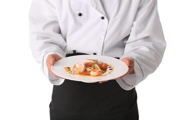 Male chef with tasty pasta on white background, closeup